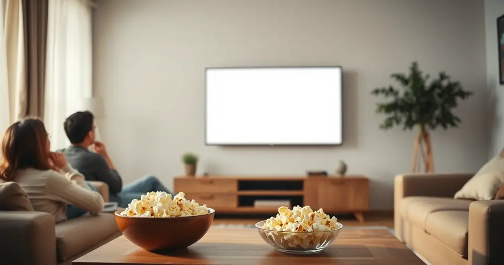 Sala de estar familiar com televisor de tela apagada e tigela de pipoca sobre a mesa de centro