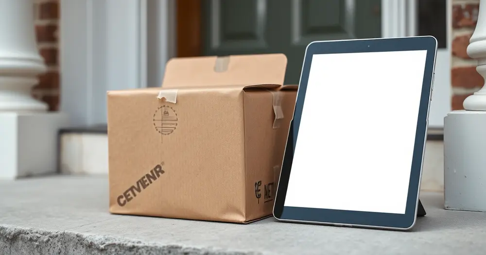 Caixa de papelão de entrega na soleira de uma porta ao lado de tablet com tela apagada