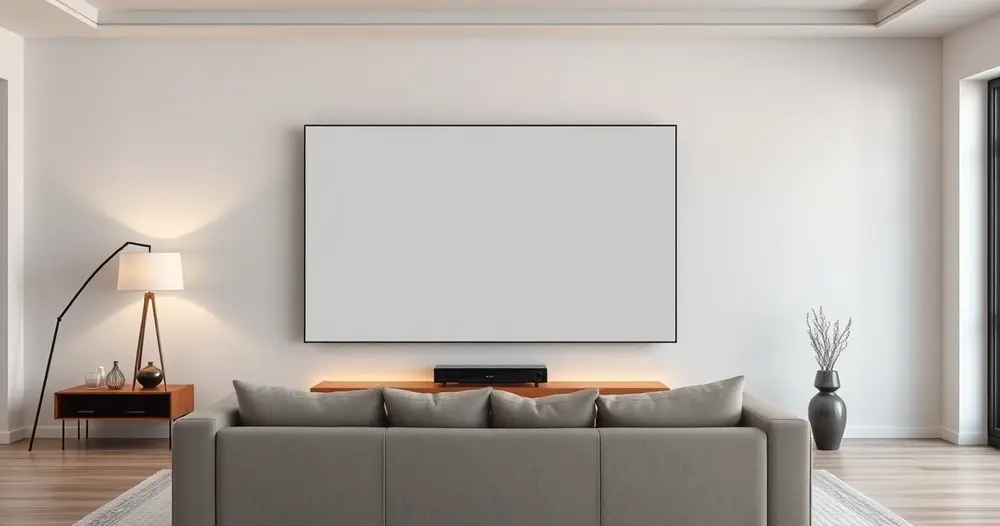 Sala de estar moderna com televisor de tela apagada na parede e sofá em frente sob luz de abajur