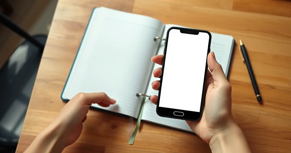 Mão segurando celular de tela apagada ao lado de caderno aberto sobre mesa de madeira