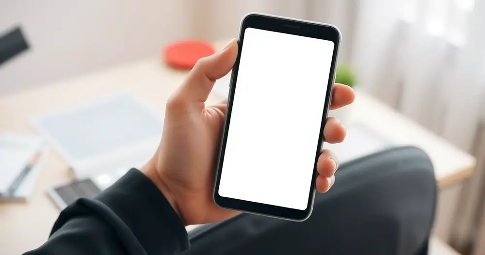 Pessoa vista de costas segurando um celular de tela apagada sentada à mesa de casa com papéis