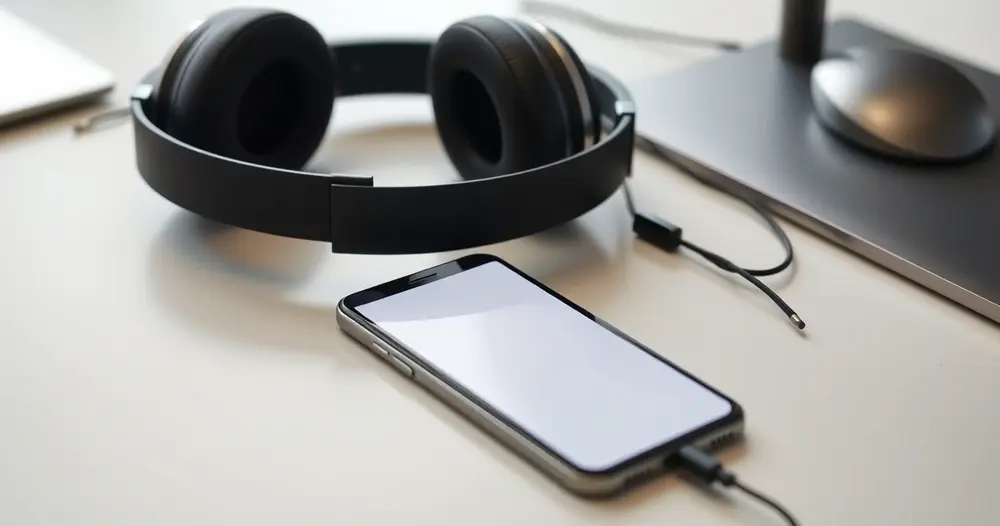 Fones de ouvido sem fio sobre mesa ao lado de celular com tela apagada em espaço de trabalho minimalista