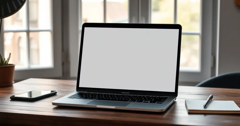 Notebook com tela apagada aberto sobre mesa de trabalho em casa ao lado de celular e bloco de notas