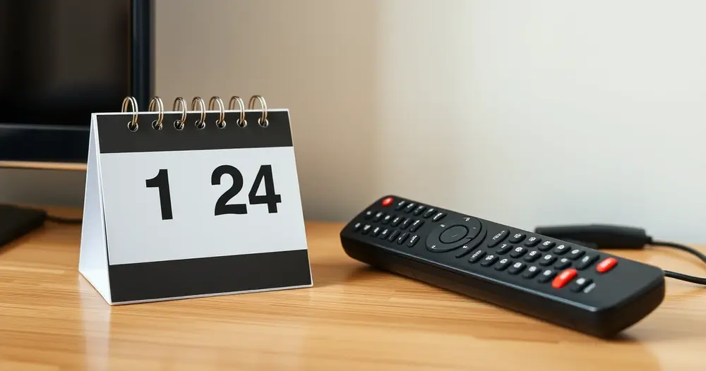 calendário e controle remoto sobre a mesa da sala