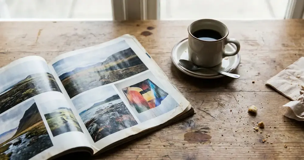 revista aberta e xícara de café sobre mesa de madeira com luz natural