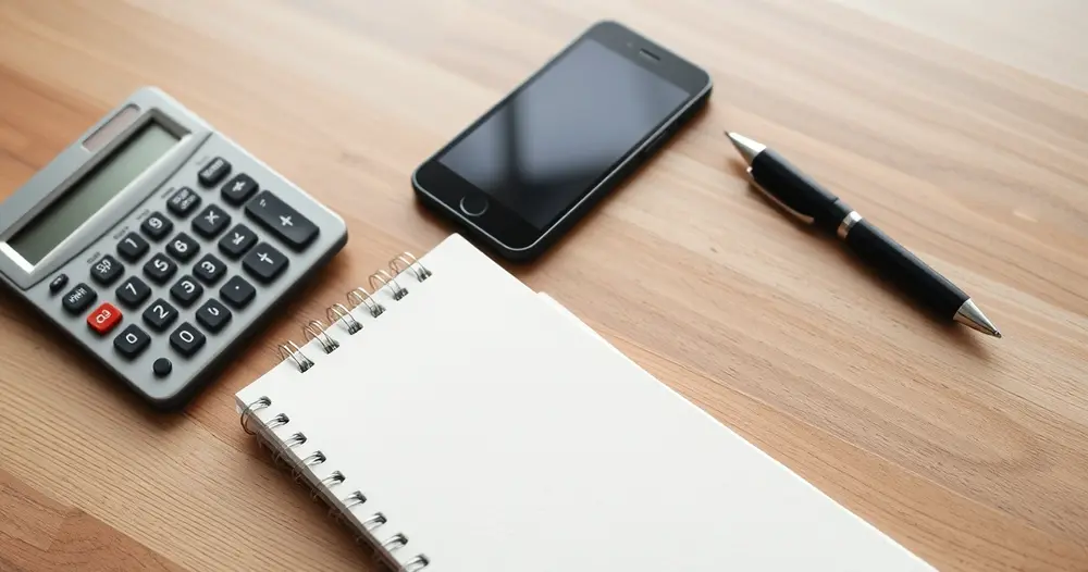 Calculadora, caneta e bloco de notas em branco sobre mesa ao lado de celular, planejando orçamento